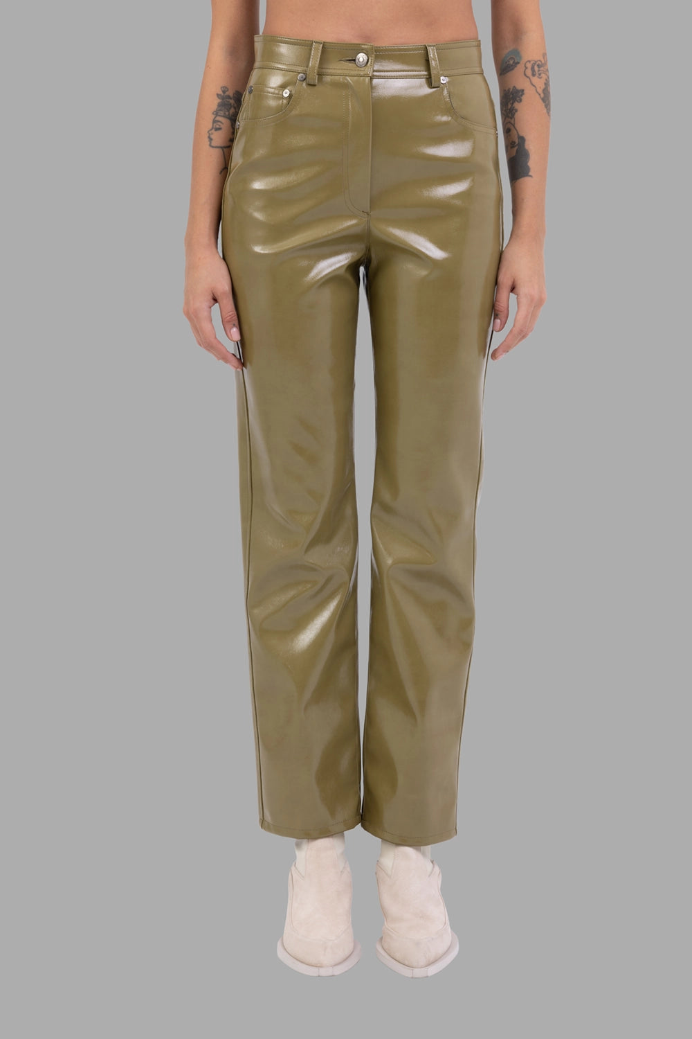 MSGM women vinyl trousers in olive, front view, five-pocket design and button-zip closure.