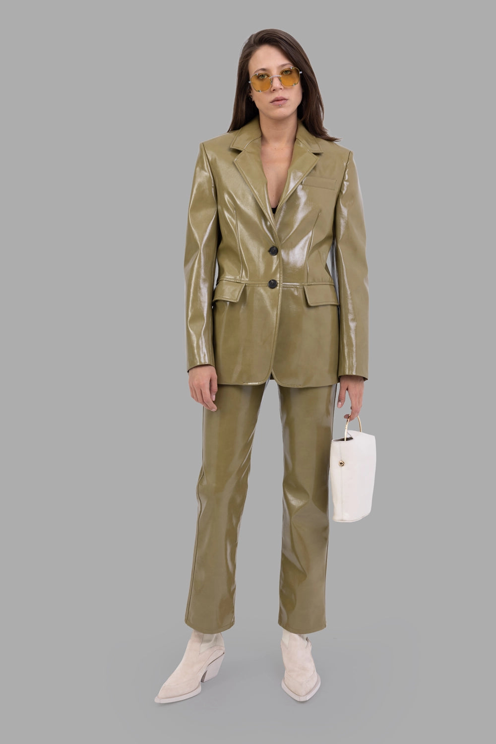 MSGM women trousers in olive vinyl, on-model full length, straight leg with glossy finish.