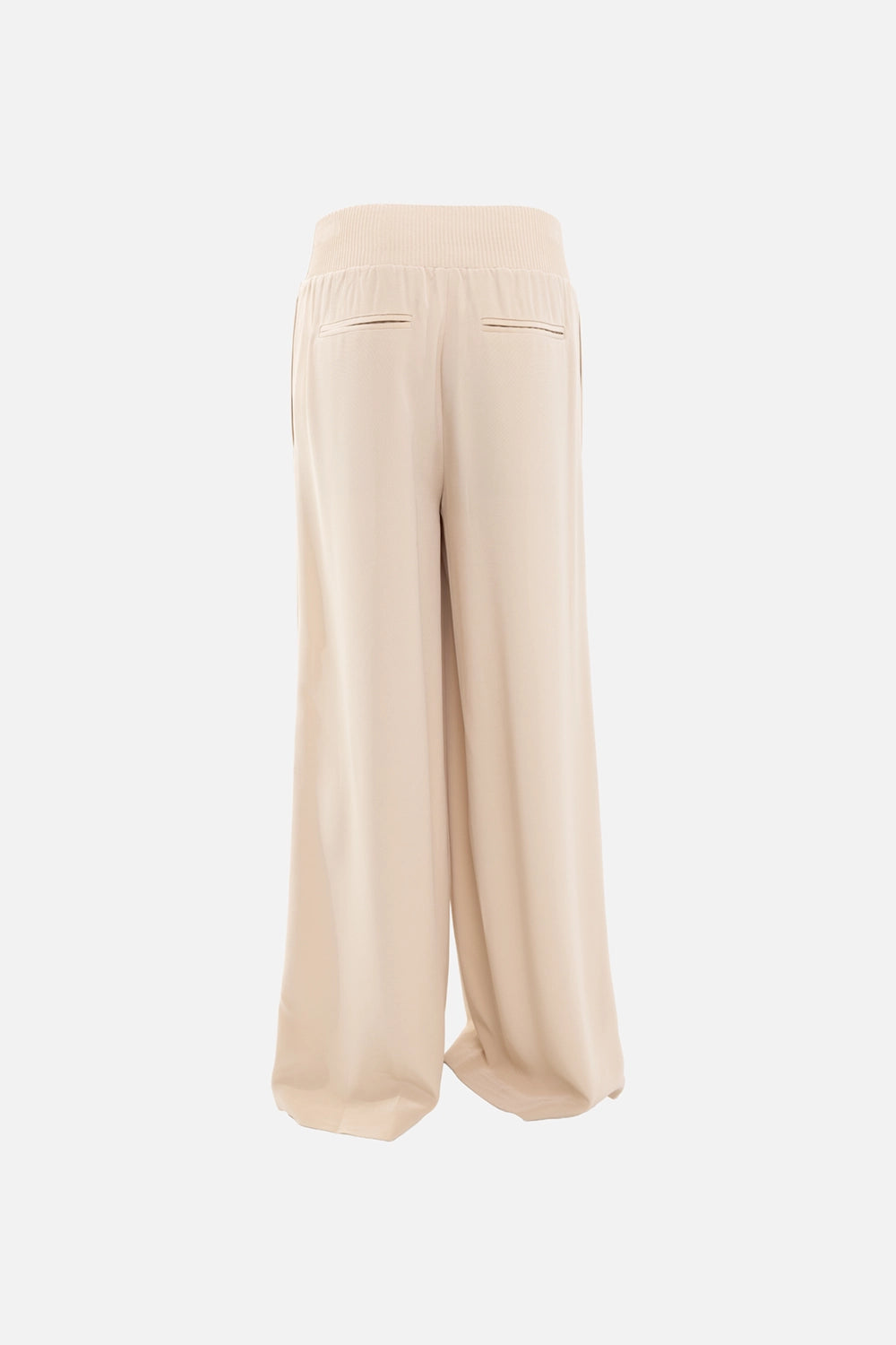 JOSEPH womens trousers in powder, back view, back welt pockets with wide ribbed elastic waistband