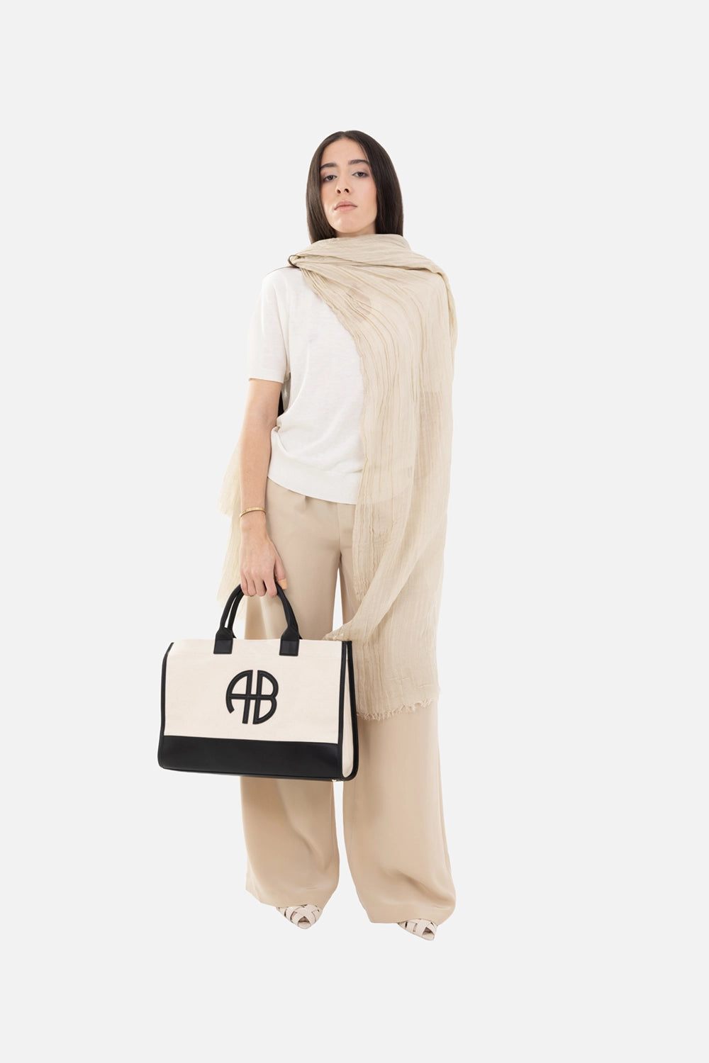 JOSEPH womens trousers in powder, on-model full-length, wide-leg drape with ribbed elastic waistband