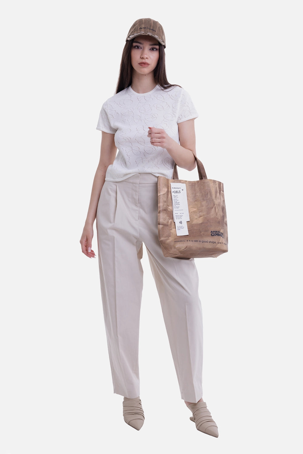 By Malene Birger women's trousers in Sandstone, on-model full-length view with tapered leg and high-rise waist