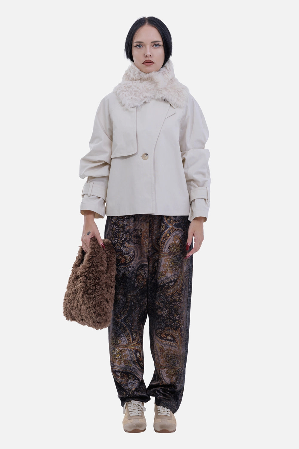 Avant Toi women's Yak silk trousers, full-length model view with relaxed leg and paisley print