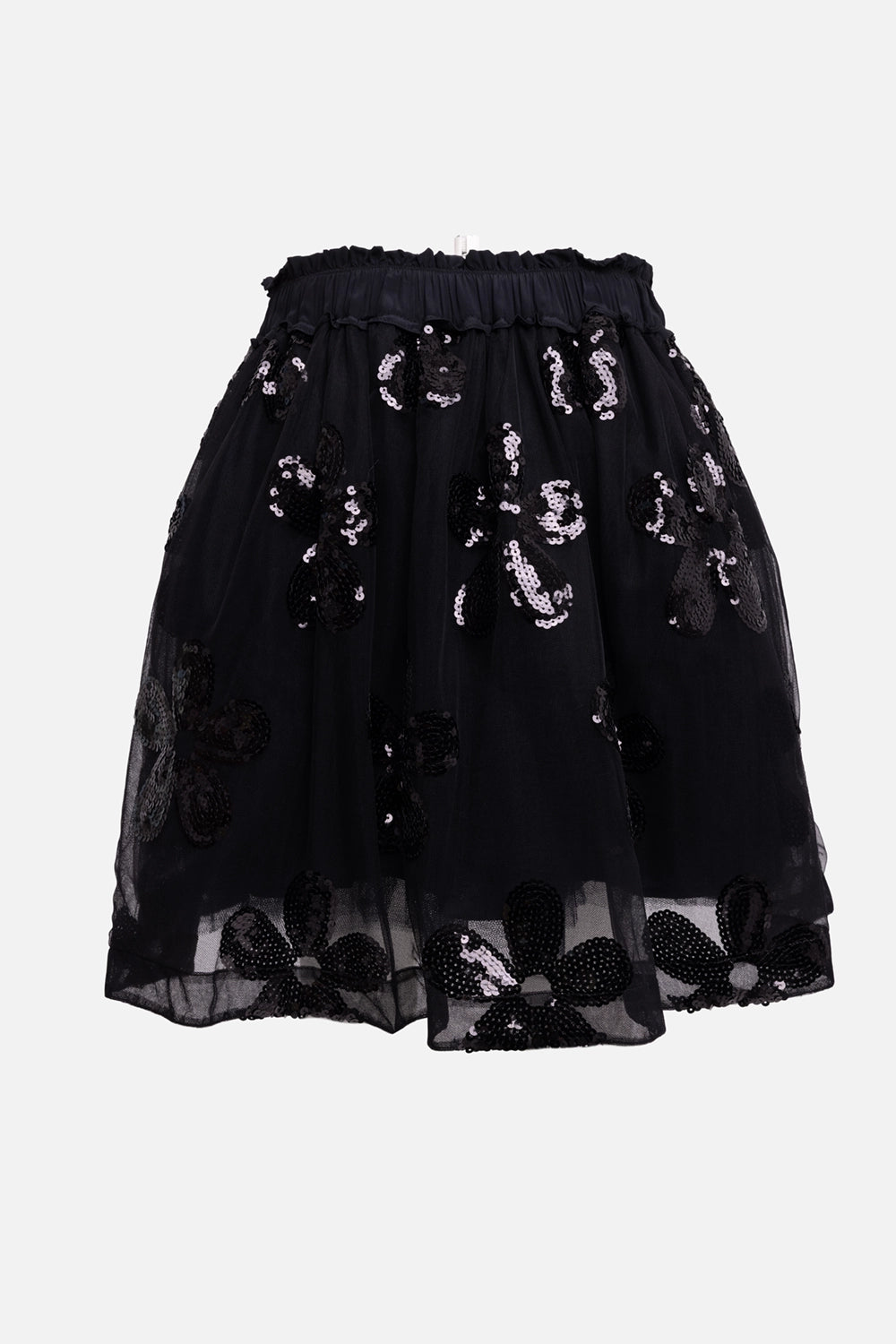 Pre-owned Simone Rocha women tulle skirt in black, back view, gathered volume with sheer hem.