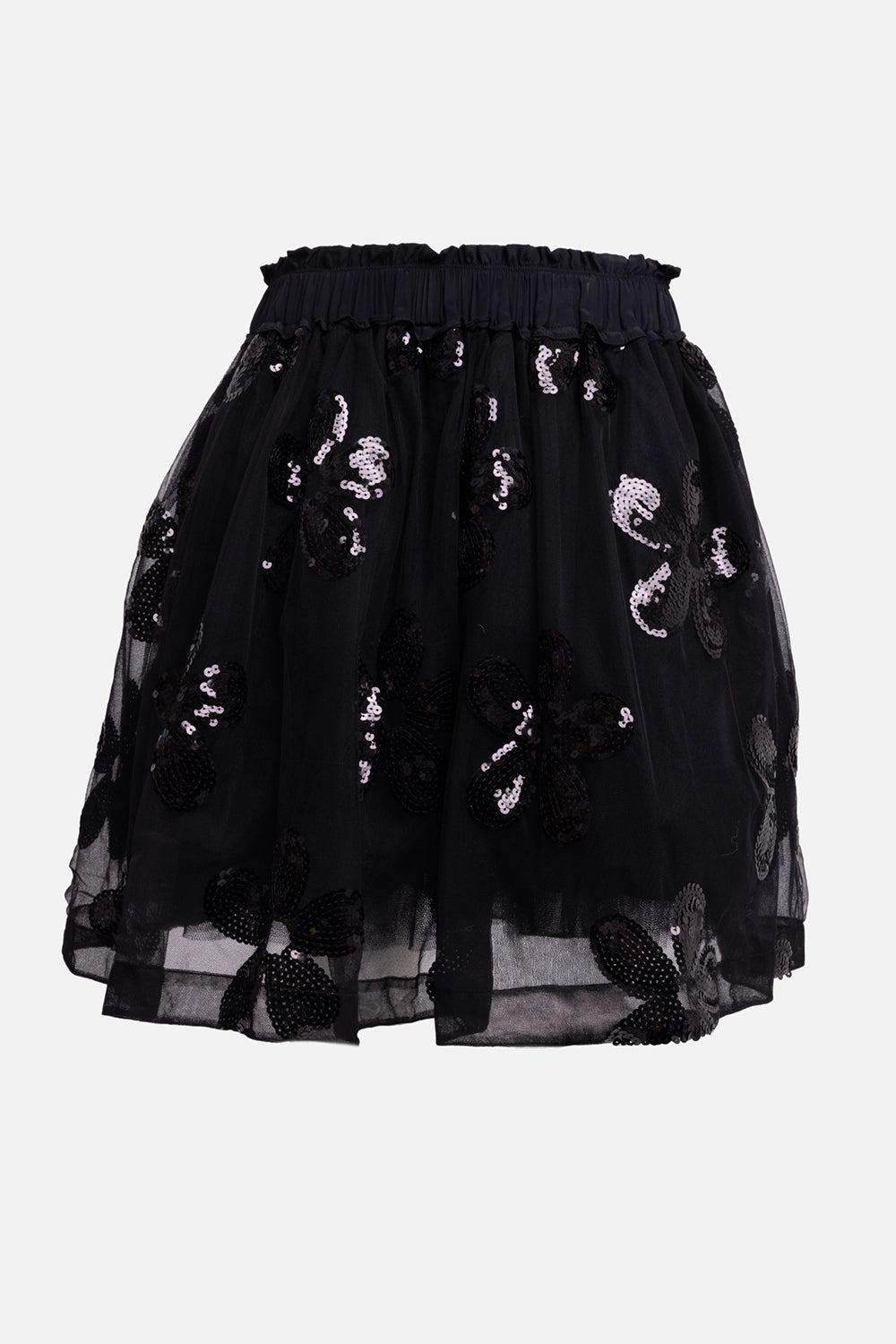 Pre-owned Simone Rocha women tulle skirt in black, front view, sequin flower appliqués on sheer overlay.