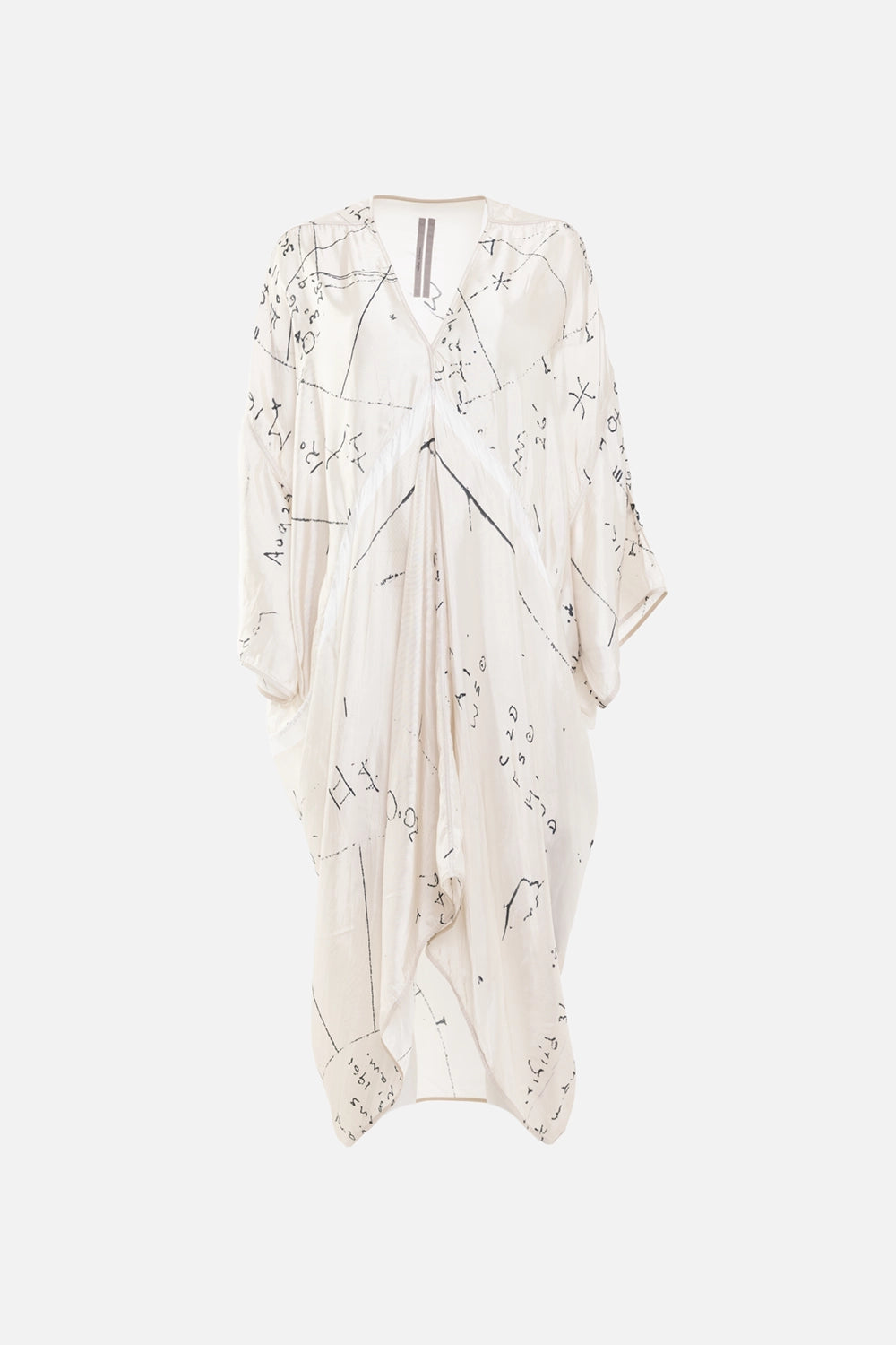 Rick Owens womens tunic in milk/black, front view, draped kite silhouette with abstract line print