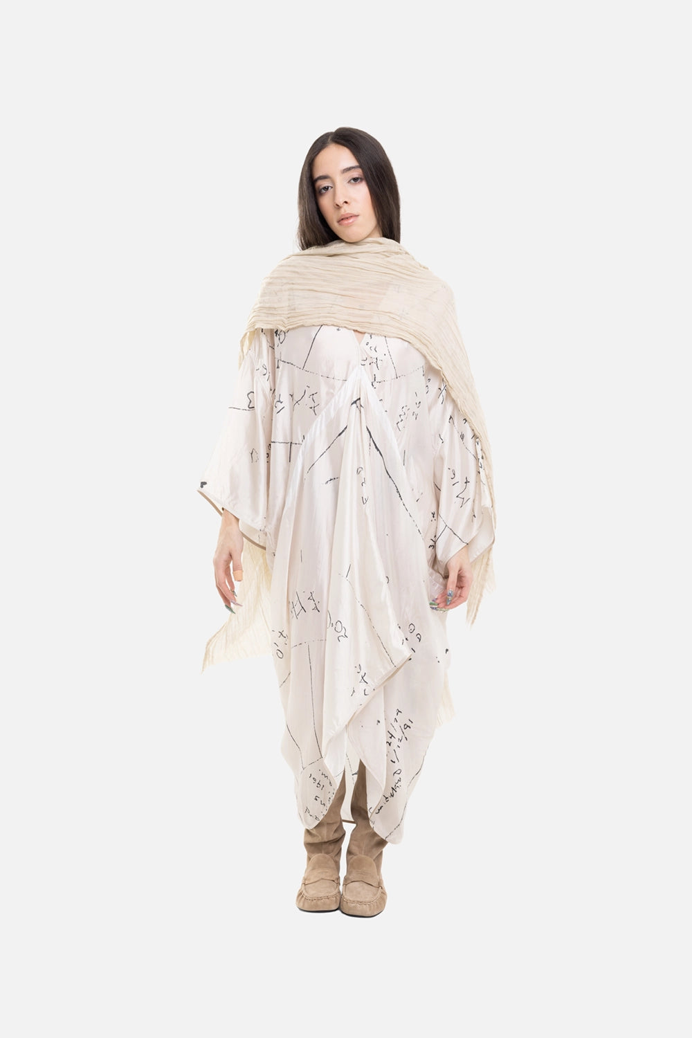 Rick Owens womens tunic in milk/black, on-model full-length, fluid semi-sheer drape with handkerchief hem