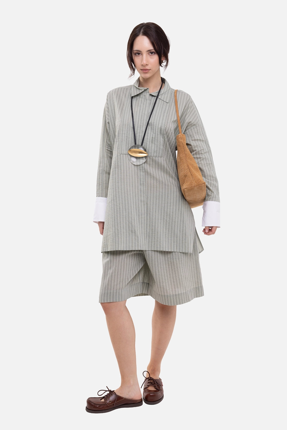 Siyu women's tunic shirt in sage and white, on-model full length, striped body with contrast cuffs