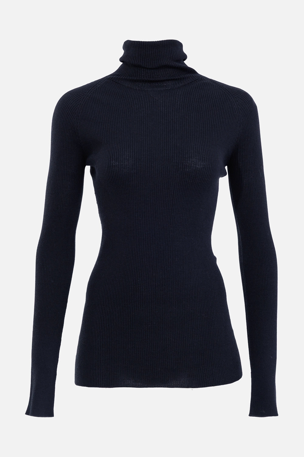 Gentry Portofino women's black turtleneck sweater, front view with fine rib knit, long sleeves and folded neck