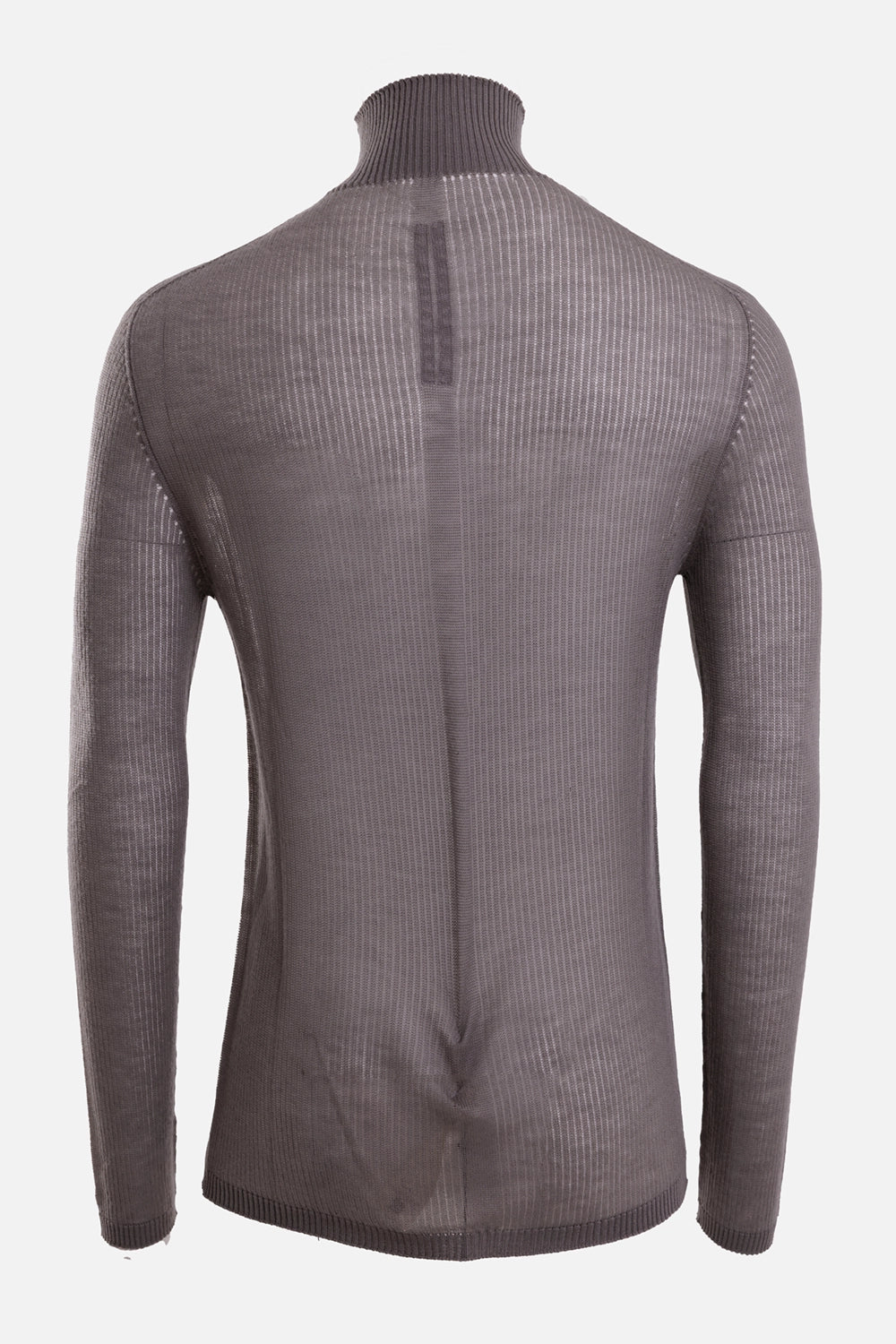 Rick Owens men's turtleneck sweater in Drk Pearl, back view with central knit channel and level shoulder seams