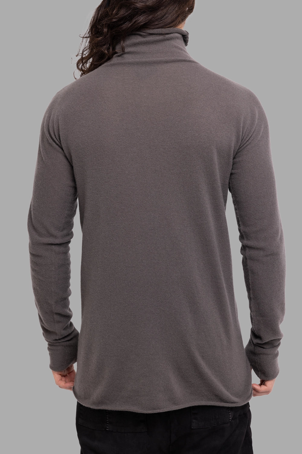 Isaac Sellam Experience men’s turtleneck sweater in kaki, back view, smooth rib and clean hem