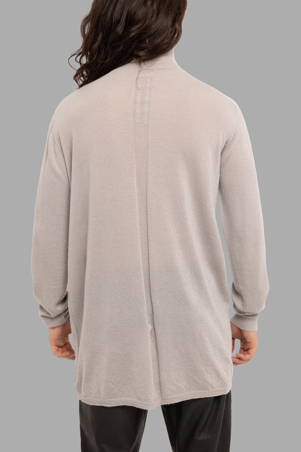 Rick Owens men’s turtleneck sweater in Pearl, back view, signature centre-back spine seam
