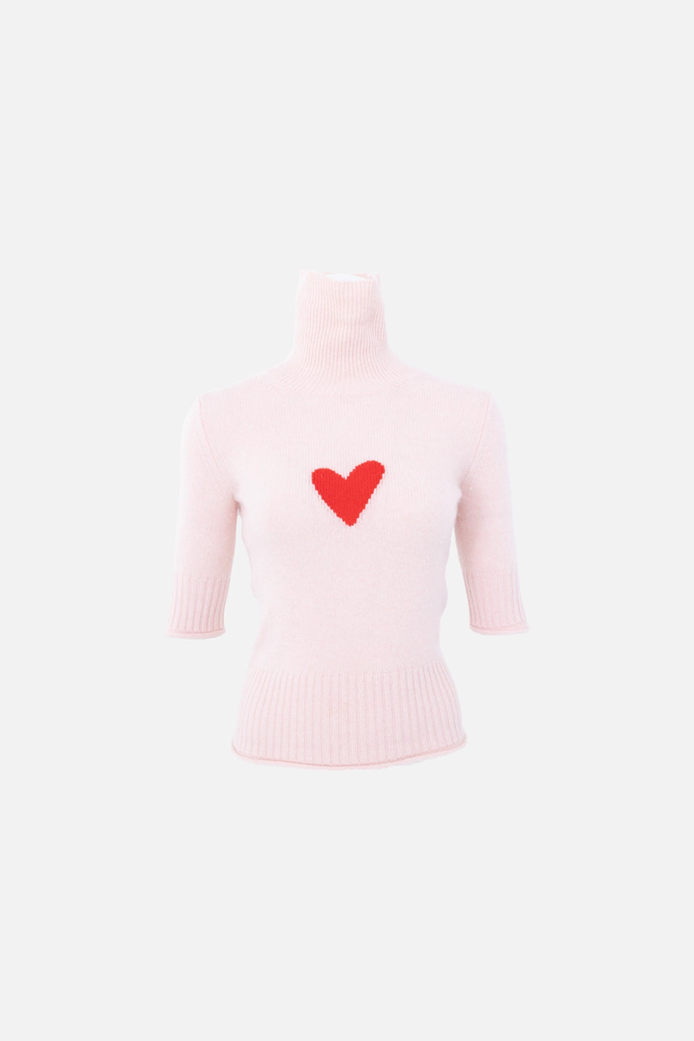 Pre-owned Sportmax turtleneck sweater in pink, front view, red heart intarsia at chest