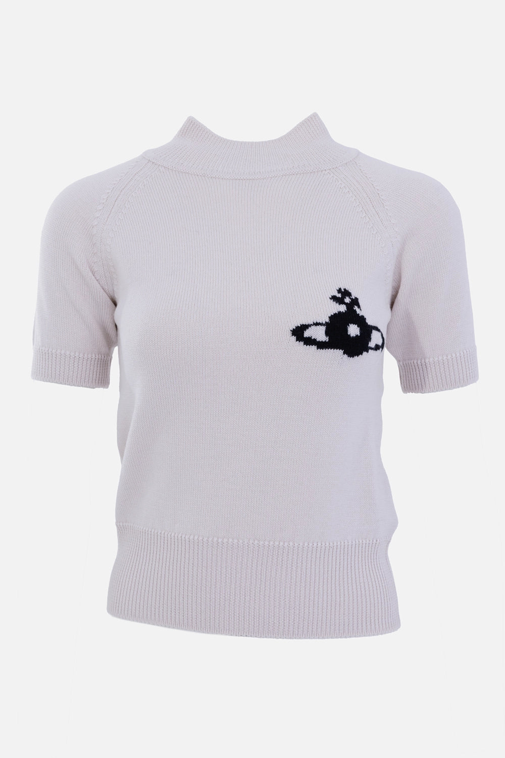 Vivienne Westwood women's Limestone turtleneck top, front view with black Orb motif and ribbed high neck