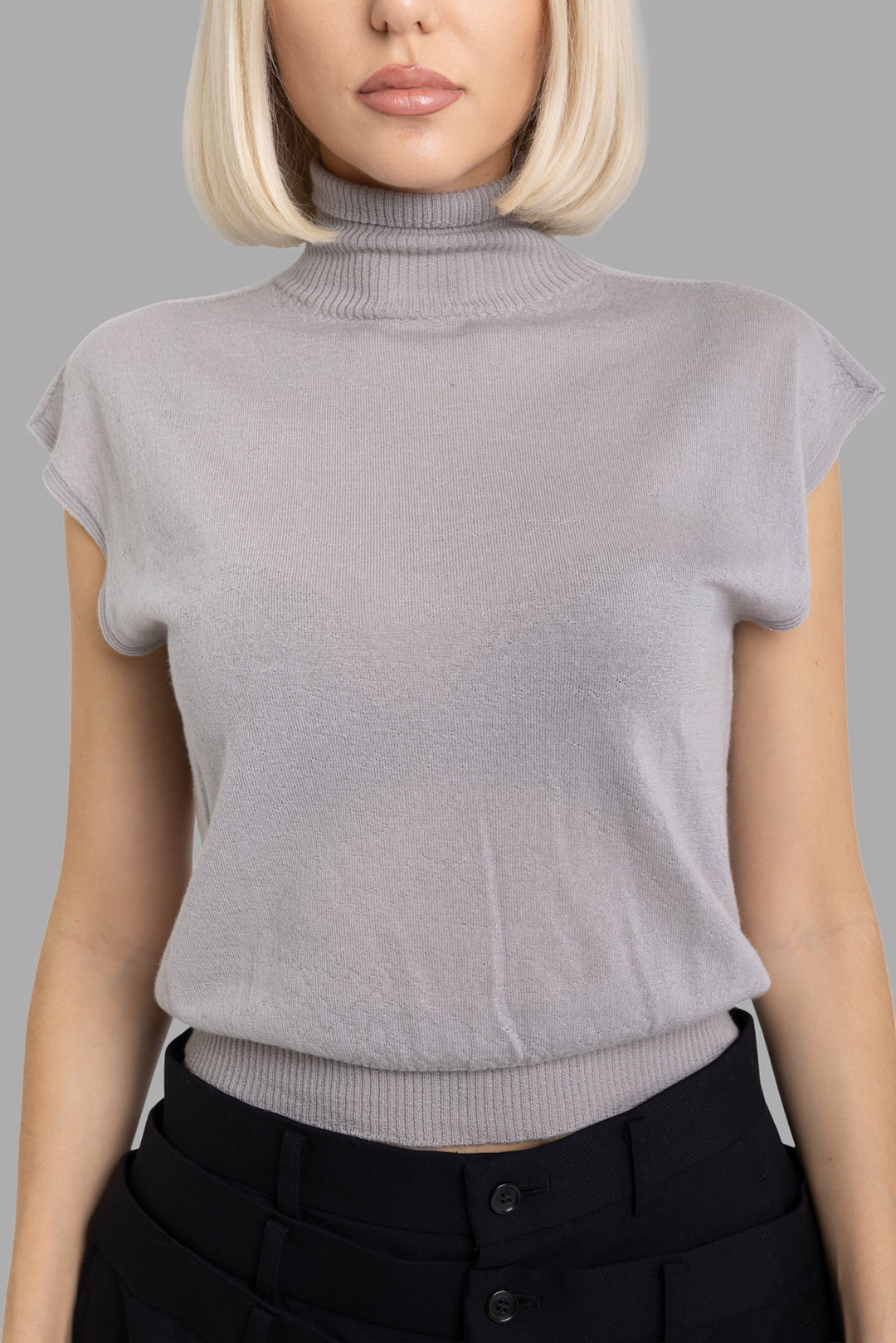 Rick Owens women's pearl sleeveless turtleneck top, front half-length view with fine wool knit and high ribbed neck