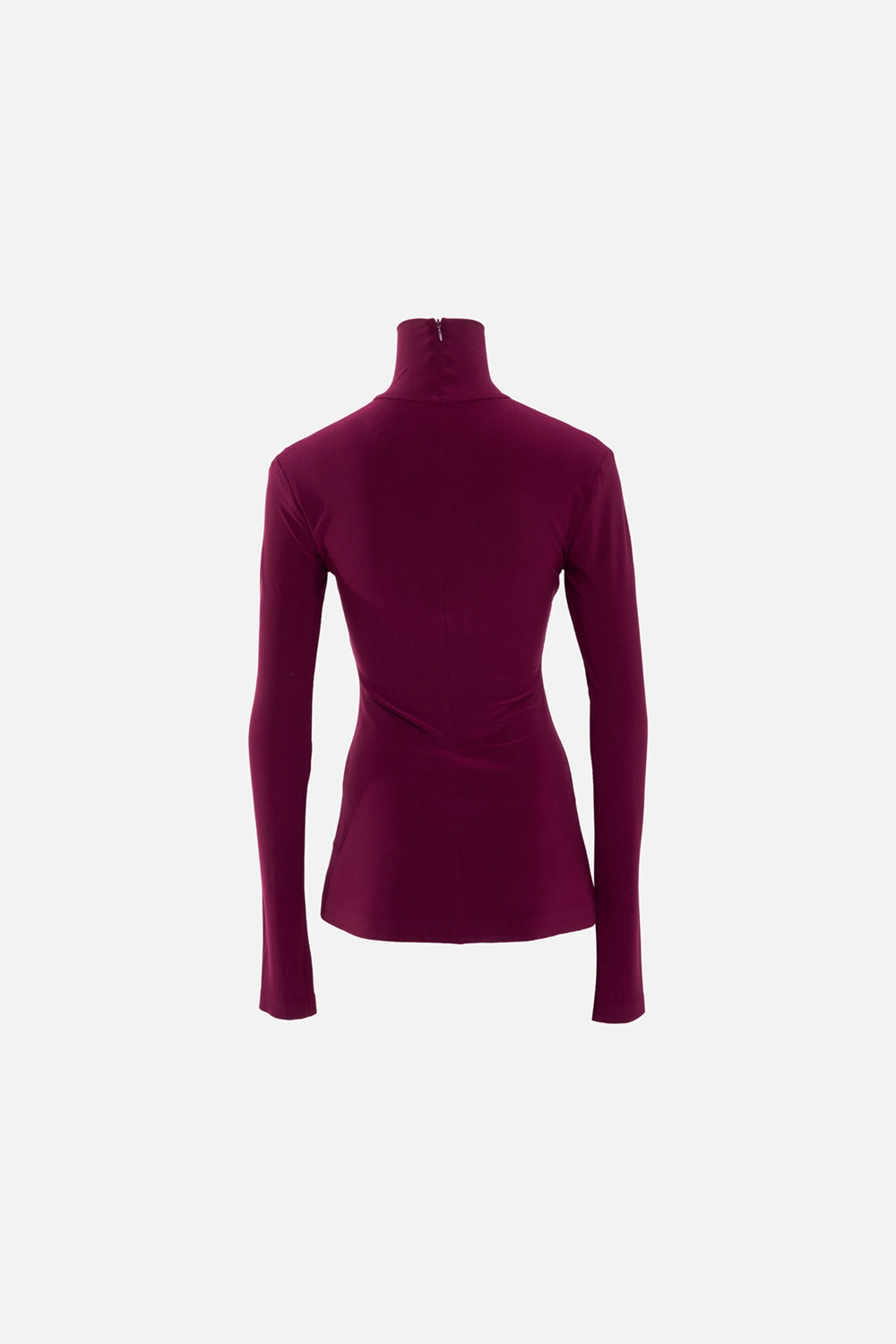 Norma Kamali women's turtleneck top in plum, back view, small neck zip detail with clean fitted silhouette
