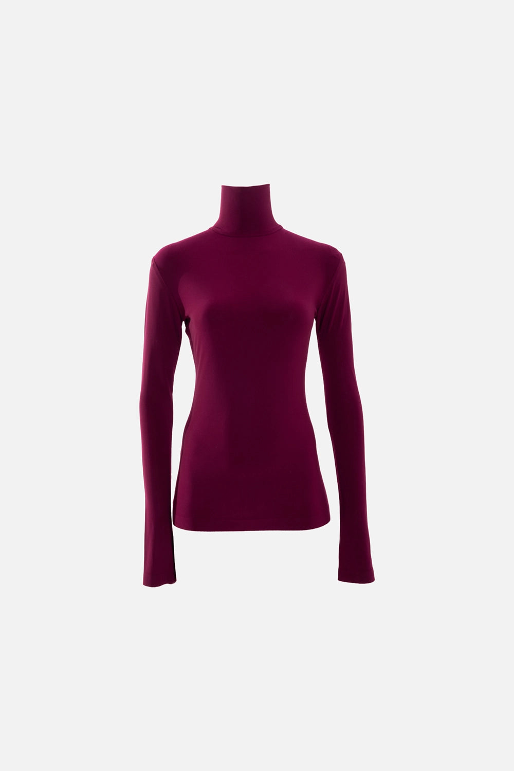 Norma Kamali women's turtleneck top in plum, front view, slim fit with high collar and extra-long sleeves