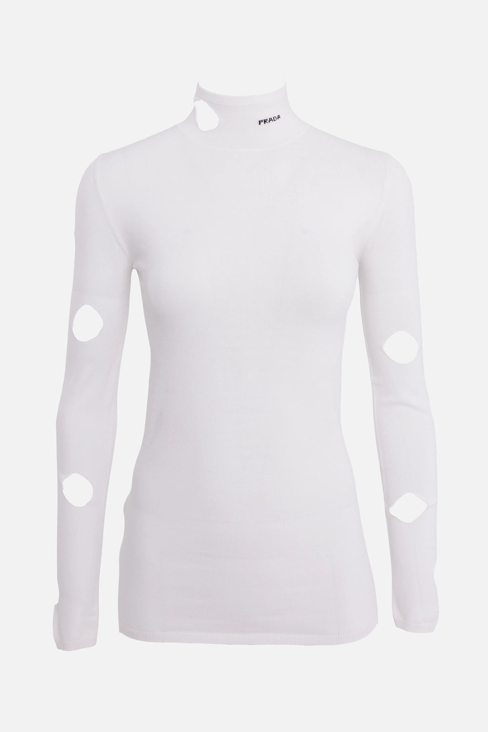 Prada turtleneck top in white, front view, high neck logo and circular sleeve cutouts