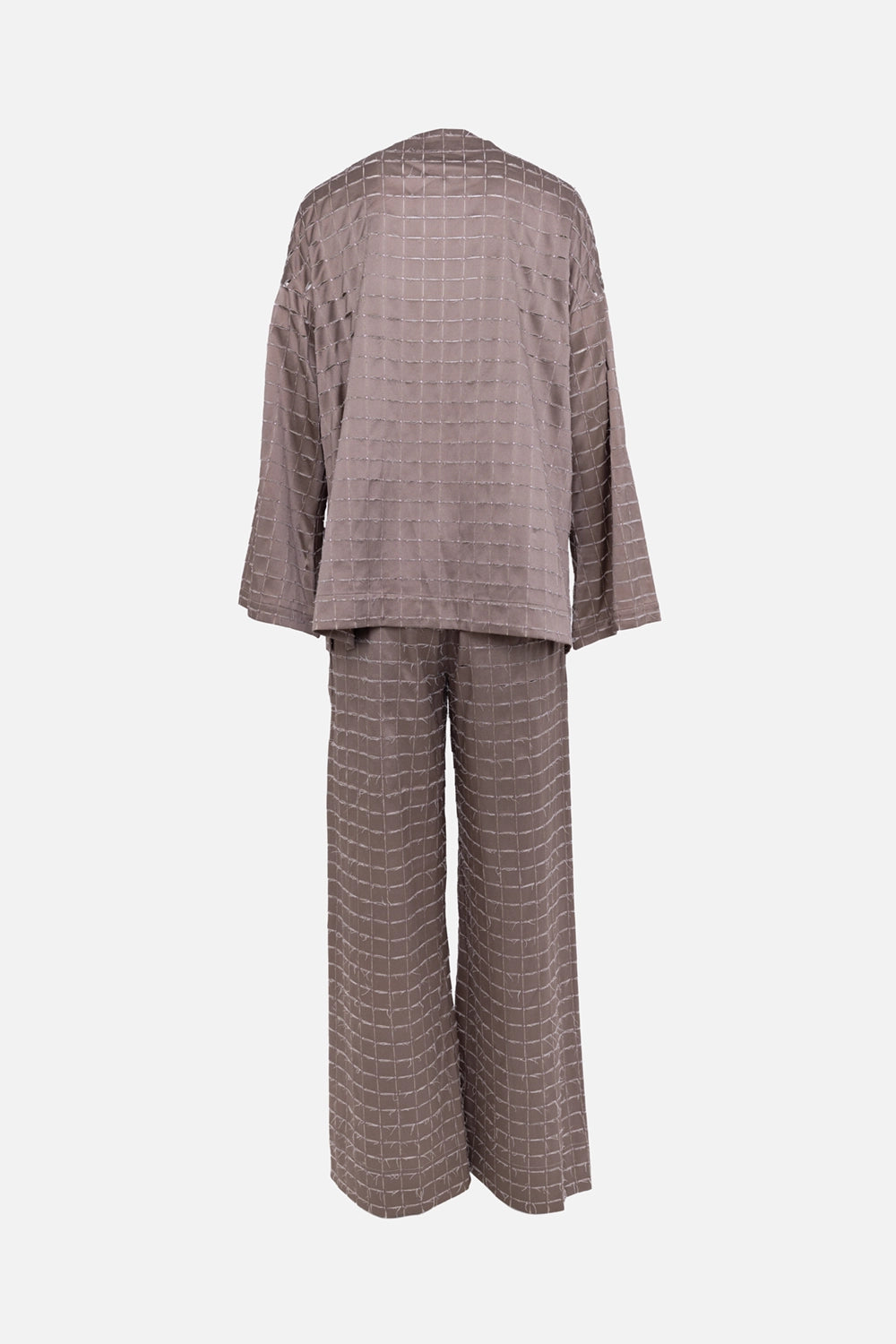 Pre-owned Franck Namani women's two-piece set in taupe, back view, dropped shoulders and grid texture