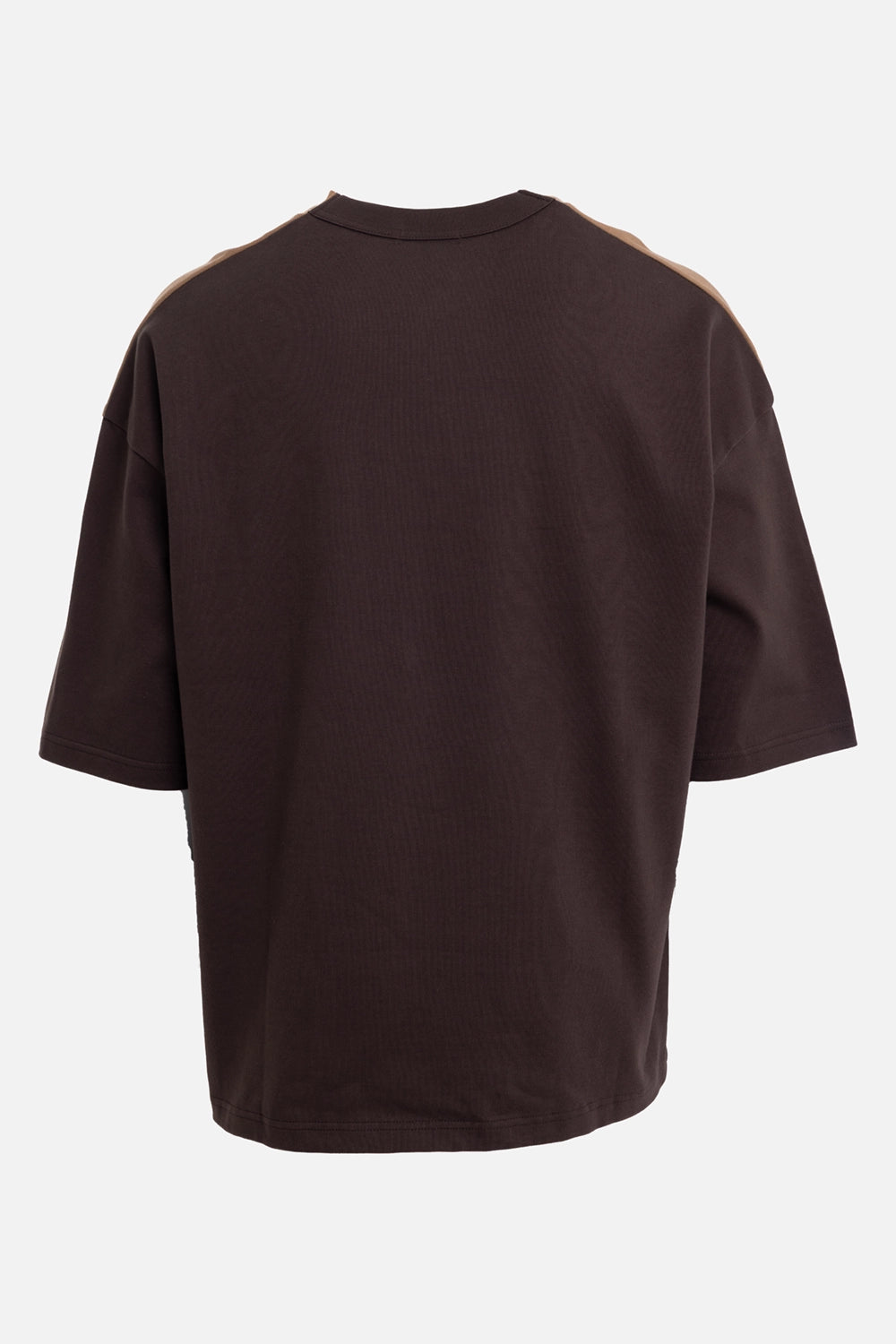 Comme des Garçons Homme men's T-shirt in brown/beige, back view with dark brown panel and relaxed drape