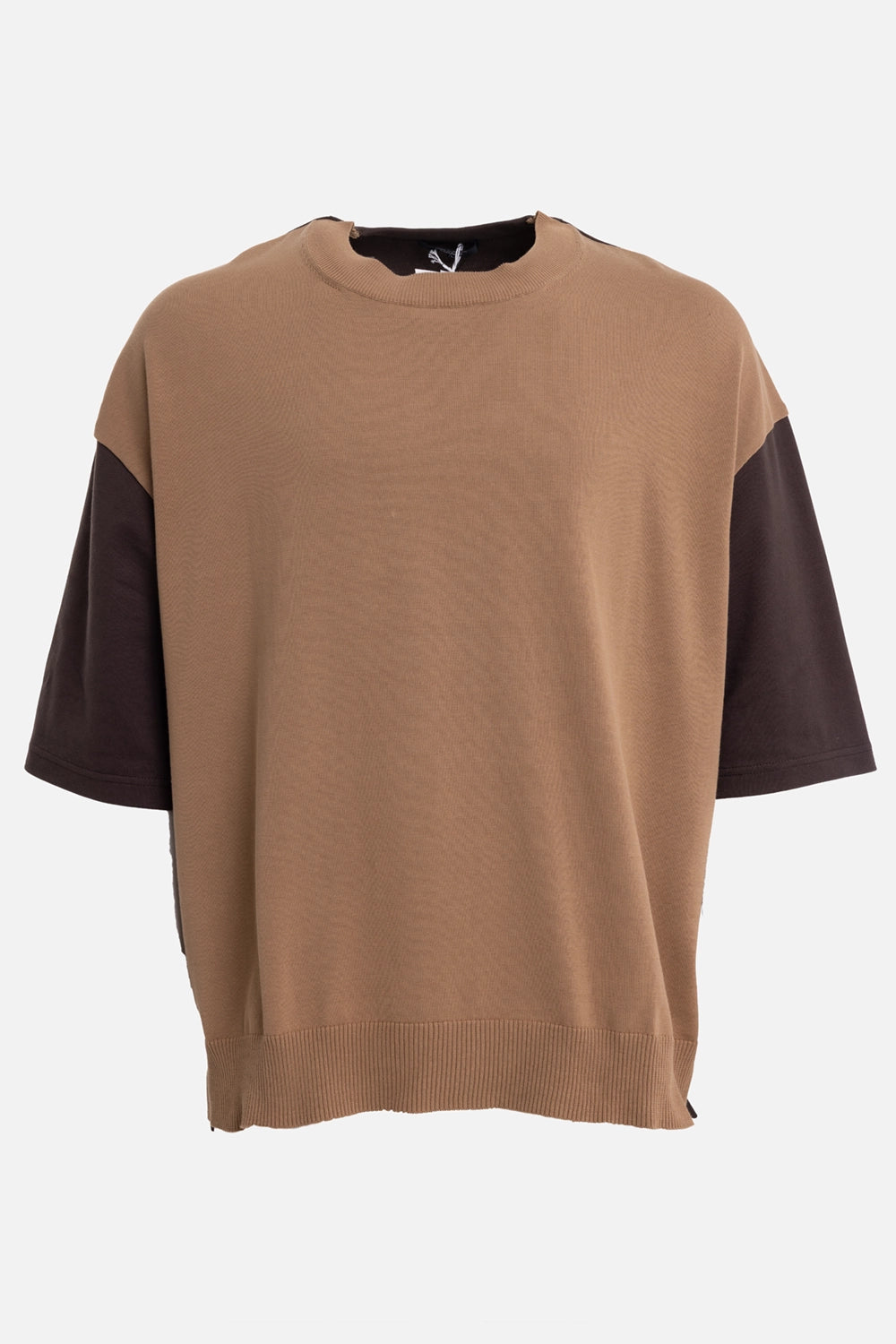Comme des Garçons Homme men's T-shirt in brown/beige, front view with ribbed hem and contrast short sleeves