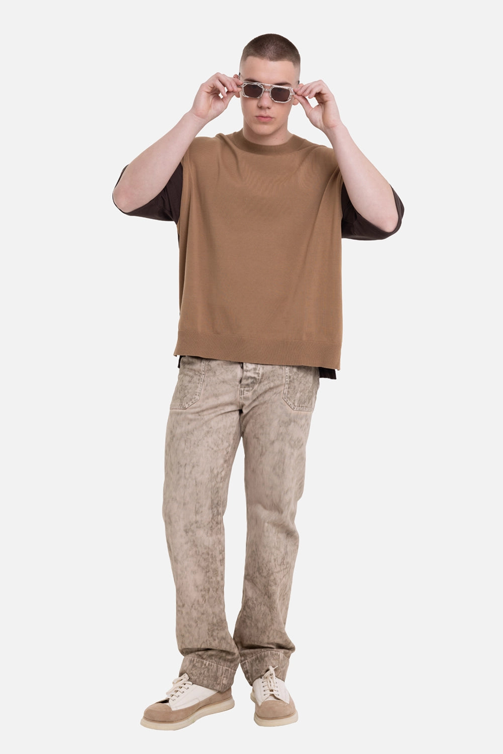 Comme des Garçons Homme men's T-shirt in brown/beige, on-model full-length view with boxy fit and ribbed hem