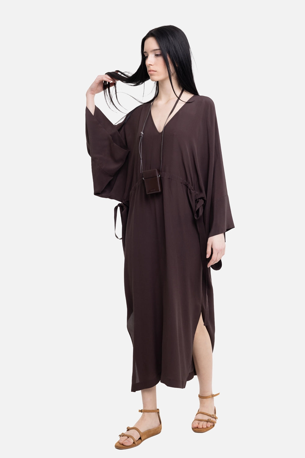 Gentry Portofino women's kaftan dress in moro, on-model full-length view, side slit and wide sleeves