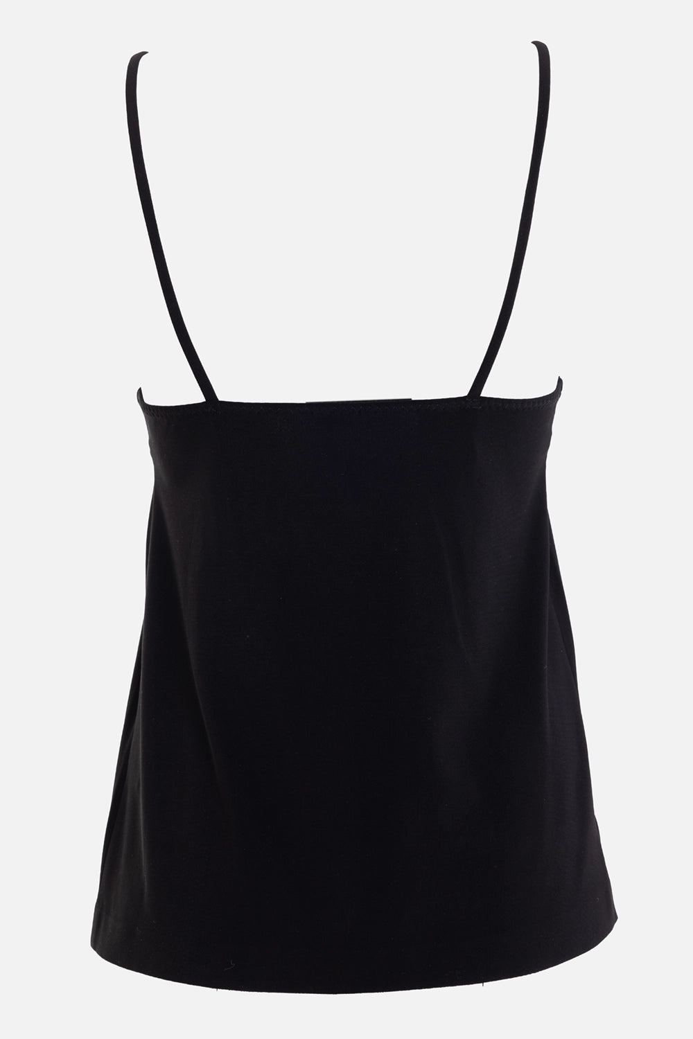 Norma Kamali women's slip top in black, back view, straight upper edge and slim straps