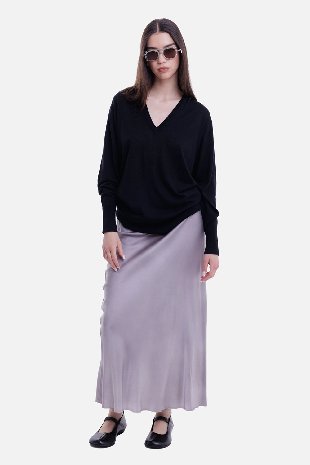 By Malene Birger women's V-neck sweater in Black, on-model full-length view with relaxed silhouette