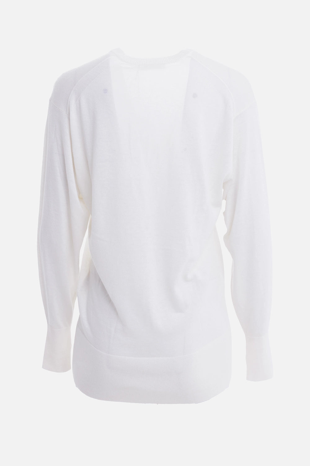 By Malene Birger women's V-neck sweater in Soft White, back view with dropped shoulders and long ribbed hem