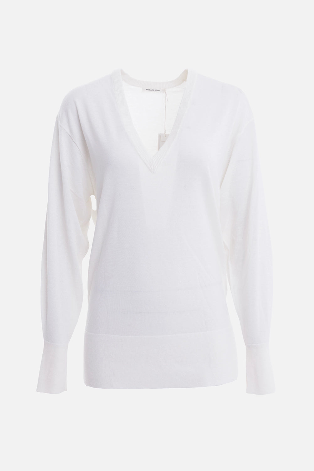 By Malene Birger women's V-neck sweater in Soft White, front view with semi-sheer knit and extended ribbed cuffs
