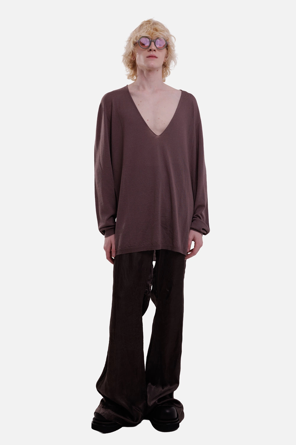Rick Owens men's V-neck sweater in eggplant, full-length view with an oversized below-hip silhouette