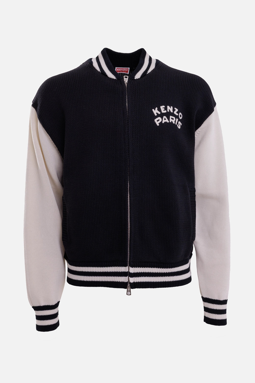 KENZO men's varsity cardigan in black, front view with two-way zip, welt pockets and off-white sleeves