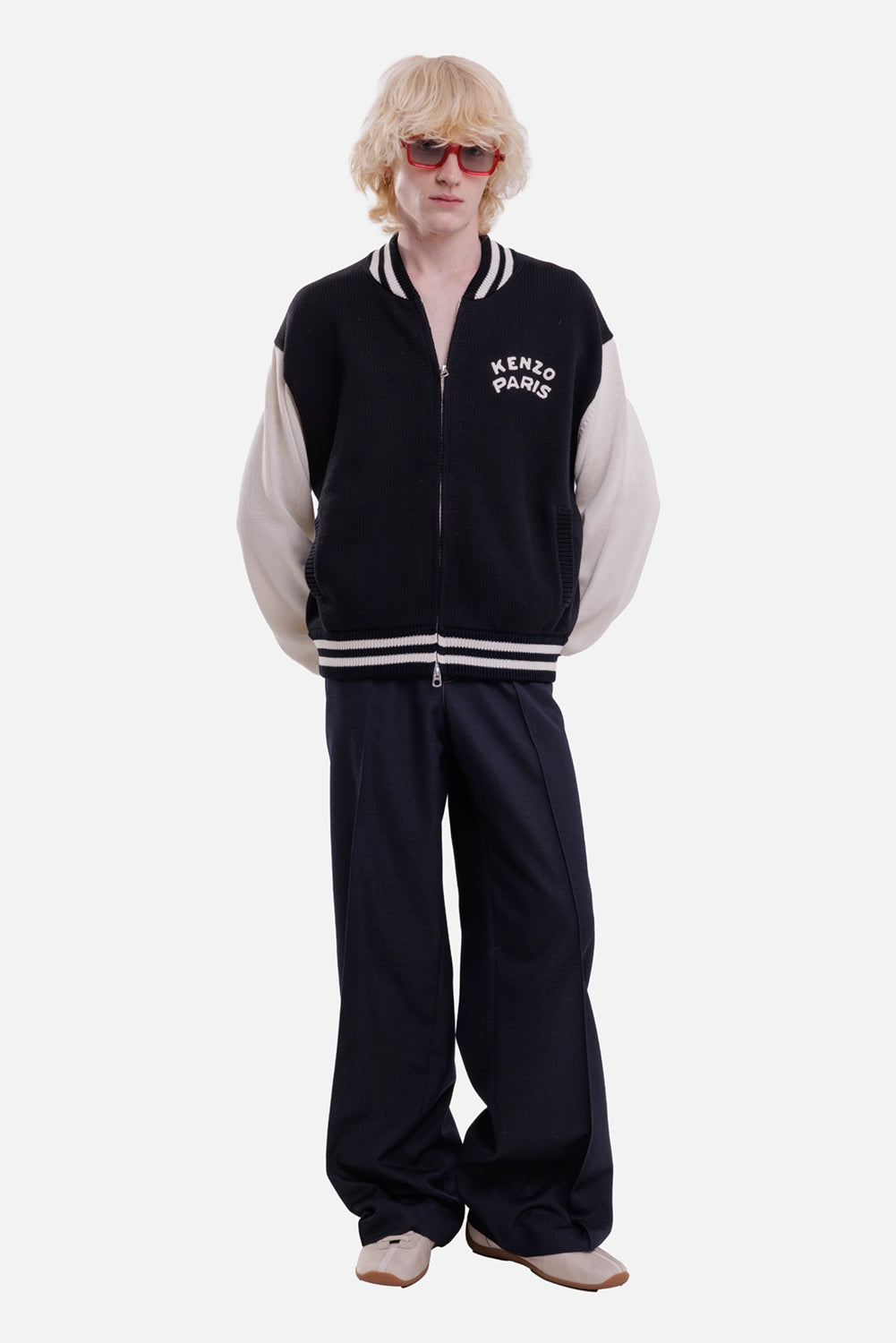 KENZO men's varsity cardigan in black, full-length view with off-white sleeves, striped trims and chest logo