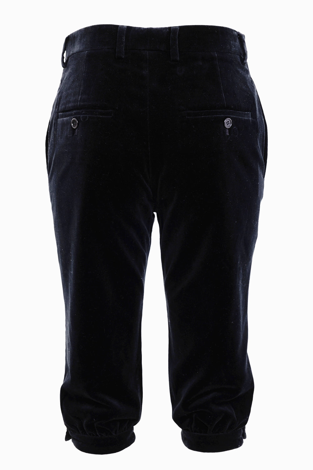 Celine women's velvet cropped trousers in black, back view with buttoned welt pockets and cuffed hems