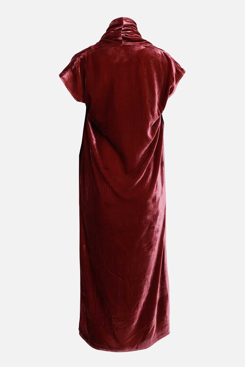 Uma Wang women's velvet maxi dress in dark dust, back view with gathered raised collar and fluid straight hem