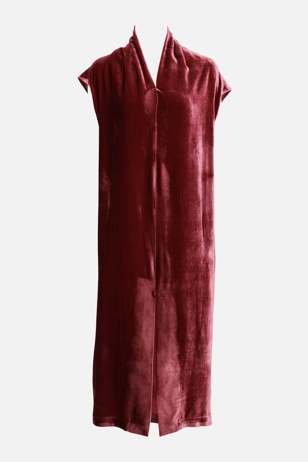 Uma Wang women's velvet maxi dress in dark dust, front view with open draped collar and cap sleeves