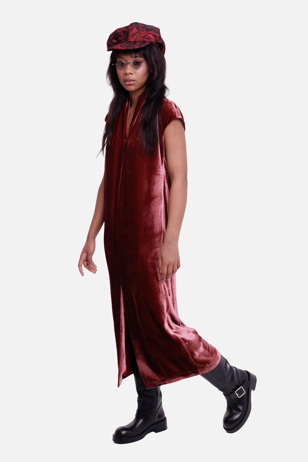 Uma Wang women's velvet maxi dress in dark dust, full-length model view with draped collar and side slit