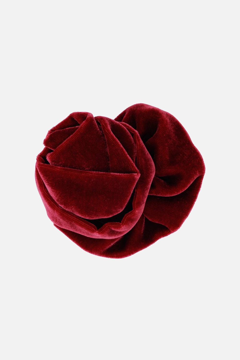 Marc Point velvet flower brooch in burgundy red, front view with sculptural gathered folds