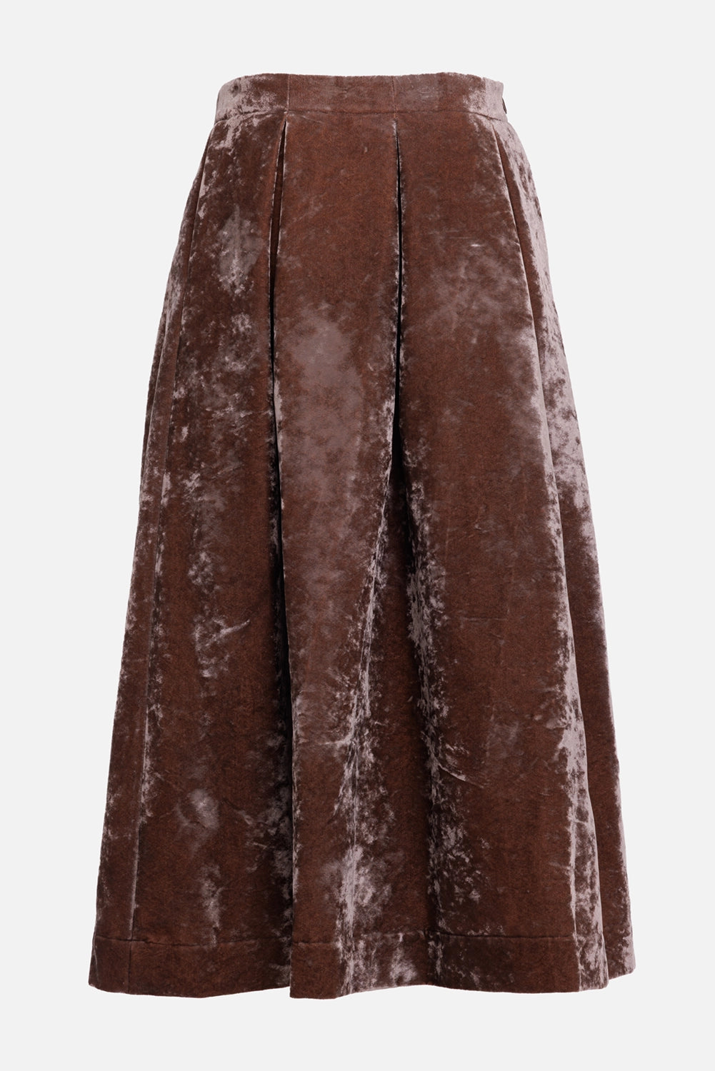 Uma Wang women's velvet midi skirt in dark rose, back view with structured waistband and inverted pleats