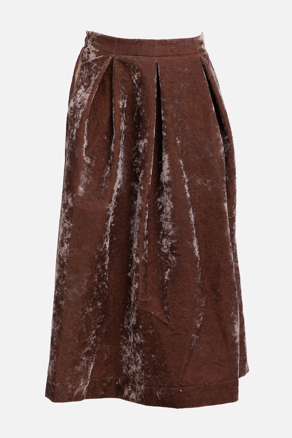 Uma Wang women's velvet midi skirt in dark rose, front view with high waist and deep inverted pleats
