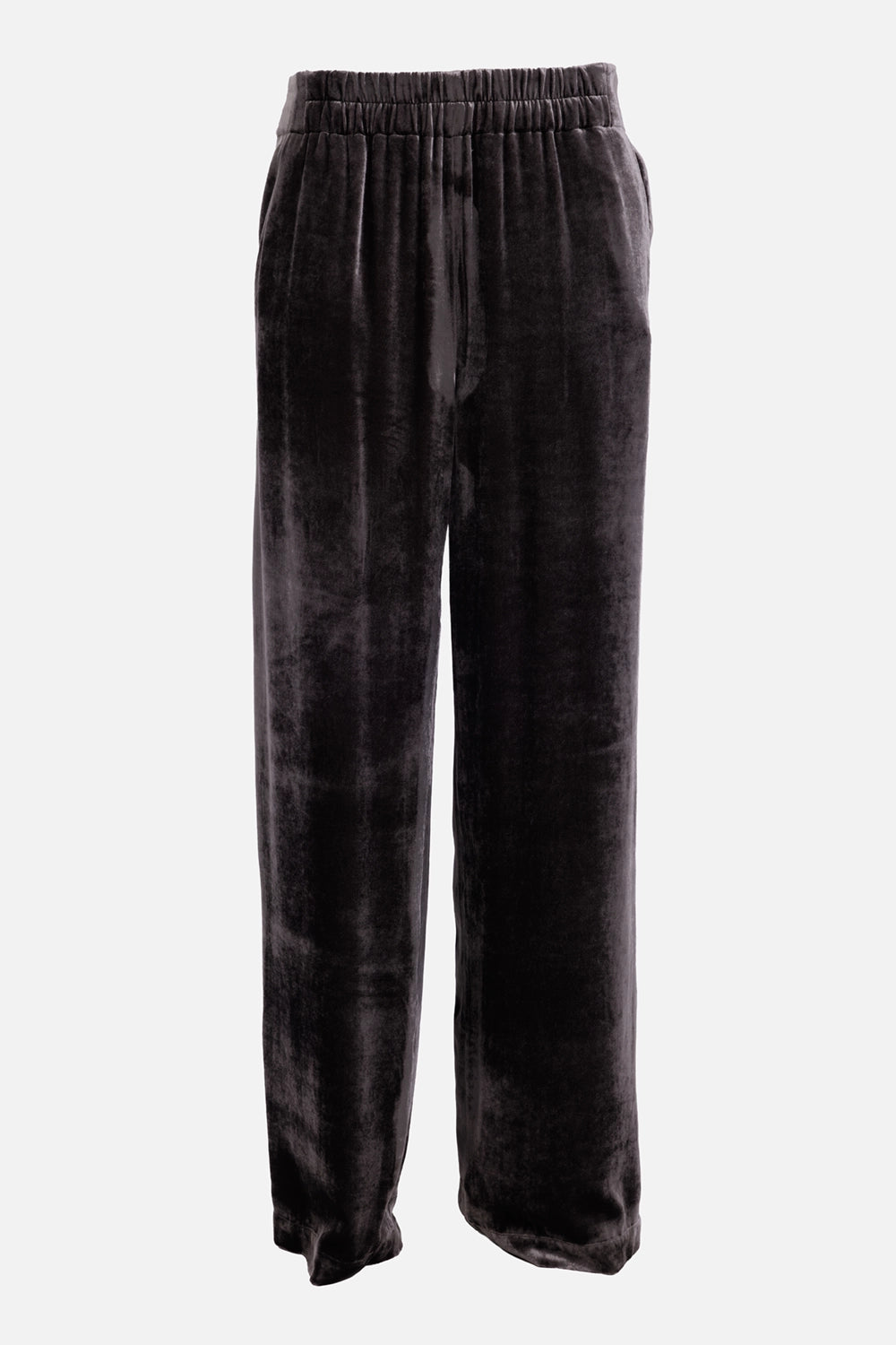 Uma Wang women's velvet trousers in dark dust, front view with elasticated waist and straight wide legs