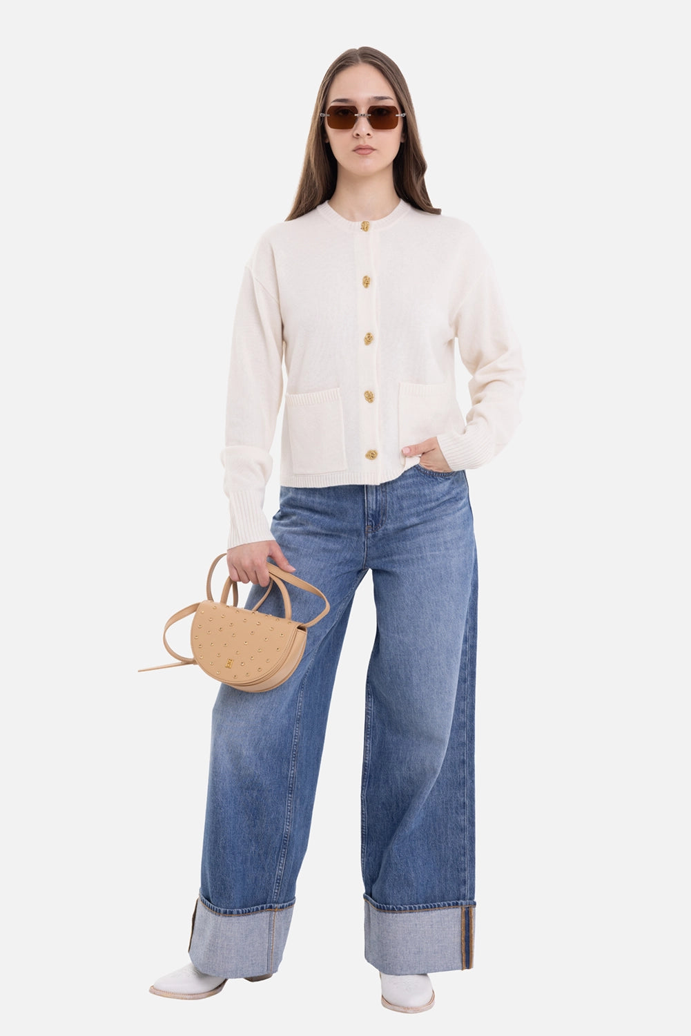 By Malene Birger women's wool cardigan in soft white, on-model full length with gold buttons and patch pockets