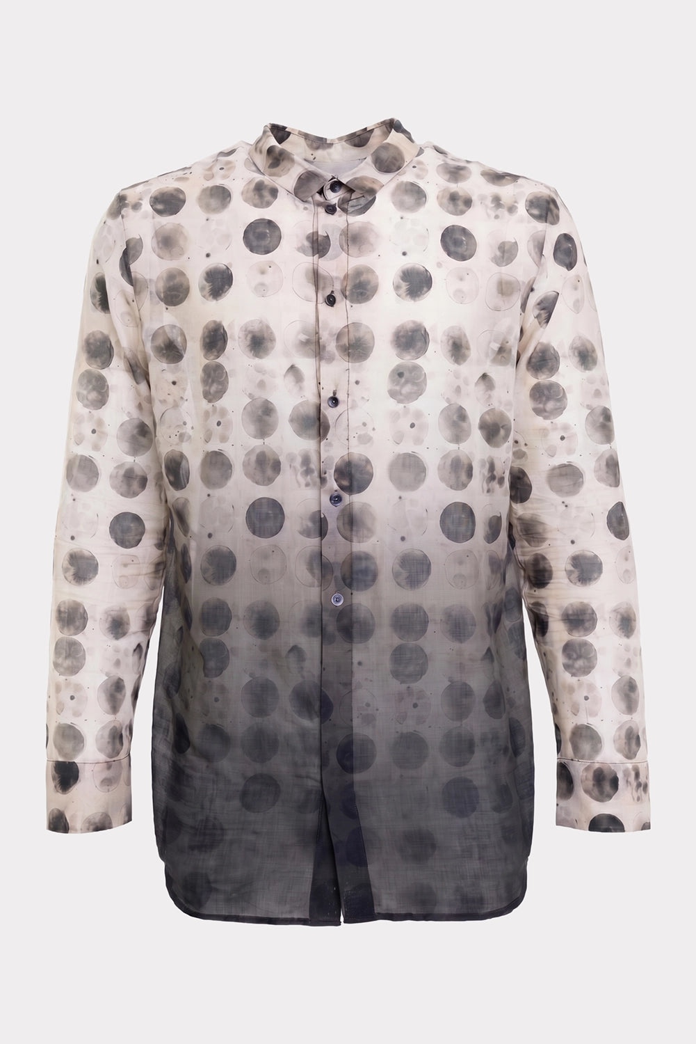 Masnada men's Vintage Circles shirt in Ecru/Black, front view with button placket and blurred circle print