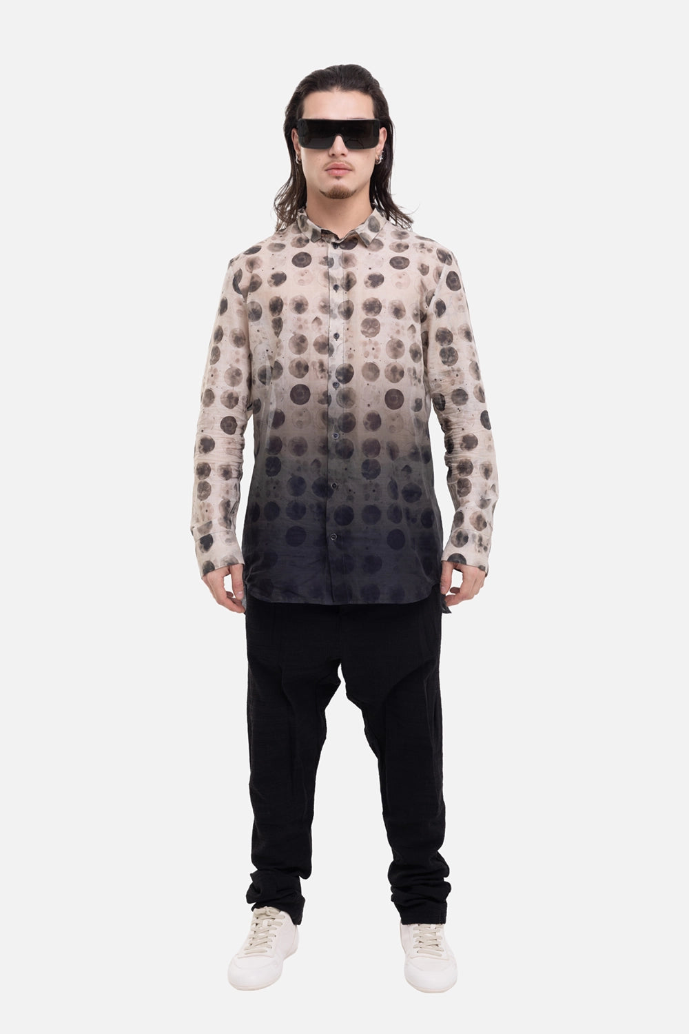 Masnada men's Vintage Circles shirt in Ecru/Black, on-model full-length with sheer dot print and dark hem