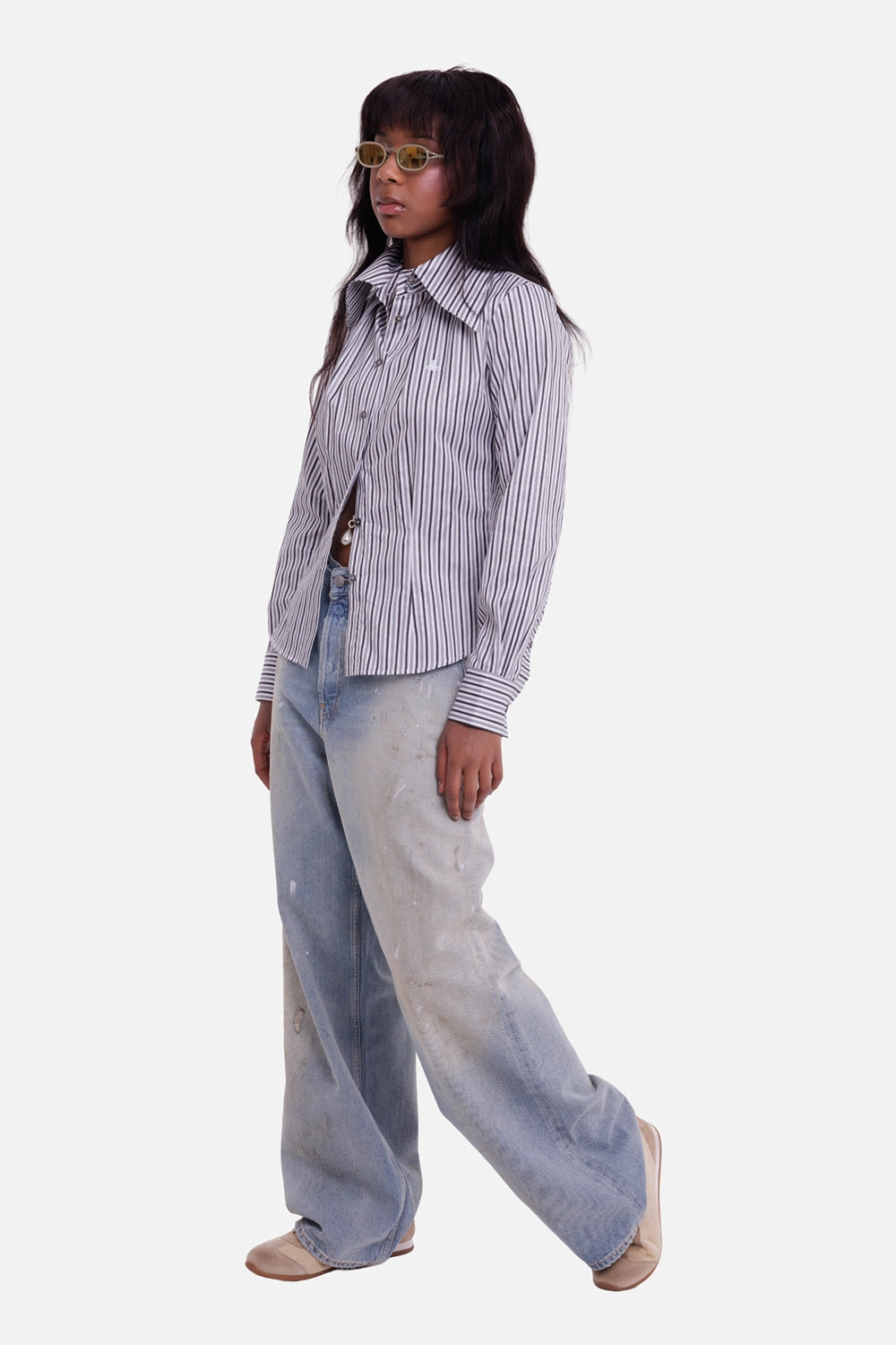 Vivienne Westwood women's striped Violin shirt in Shadow Stripe, model view with oversized pointed collar