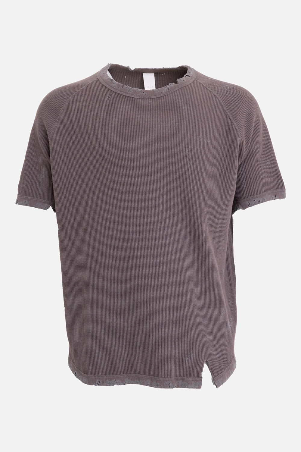 VEIN men's waffle raglan T-shirt in khaki gray, front view, distressed crewneck and raglan seams