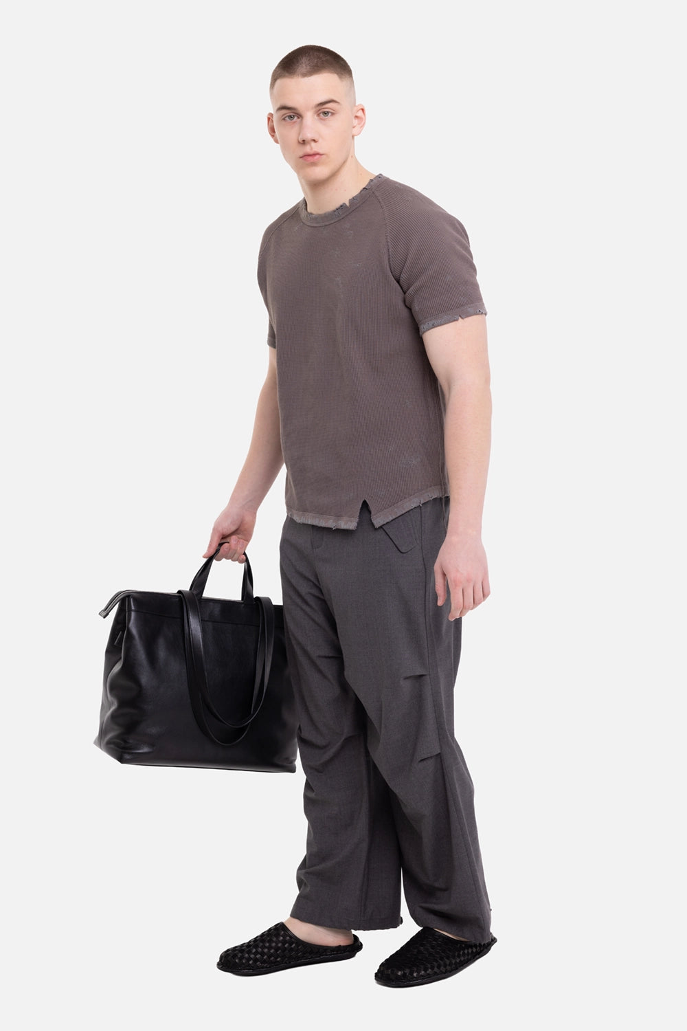 VEIN men's waffle raglan T-shirt in khaki gray, on-model full-length view, raw edges and side slit