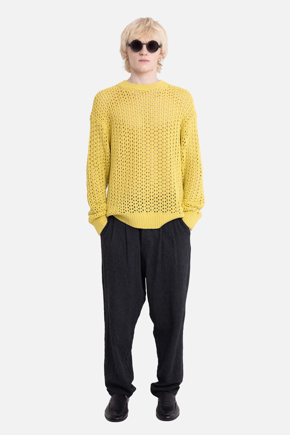 La Haine Inside Us unisex waffle trousers in black grey stripe, on-model full-length with relaxed tapered leg