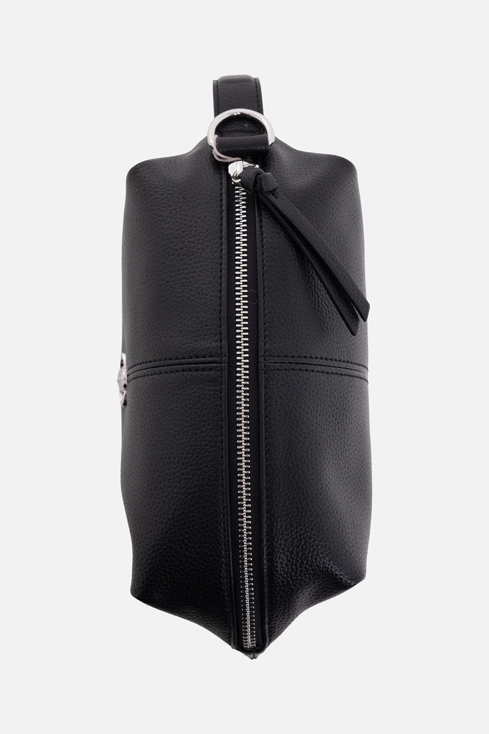 Vivienne Westwood wash bag in black, side view, top zip closure and wrist strap ring