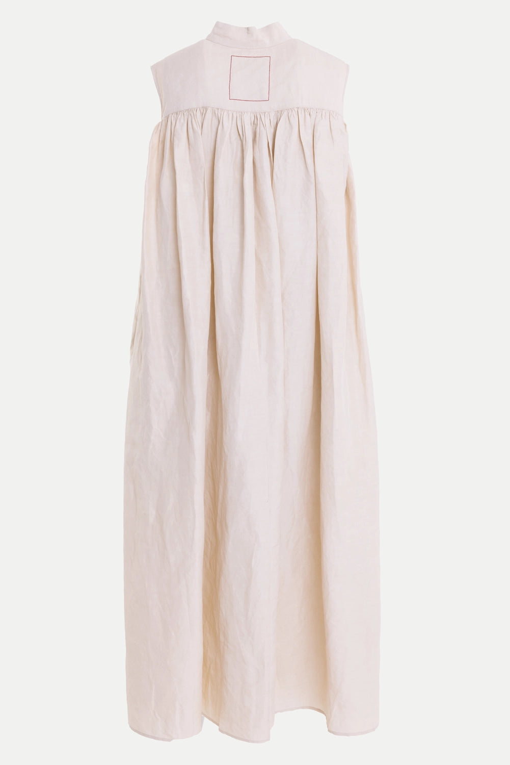 Uma Wang women's Wavy dress in off white, back view, gathered yoke and red stitched rectangle